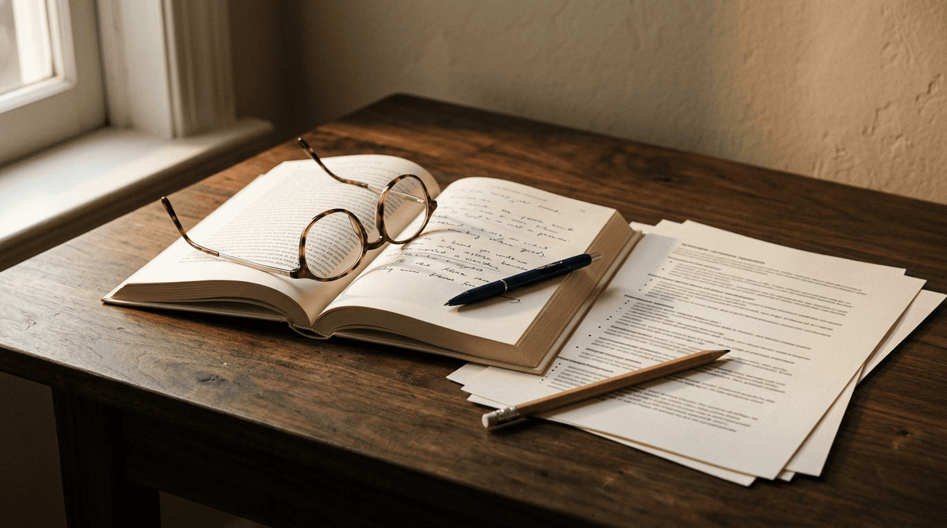 An open book with glasses and a pen beside manuscript pages on a wooden table